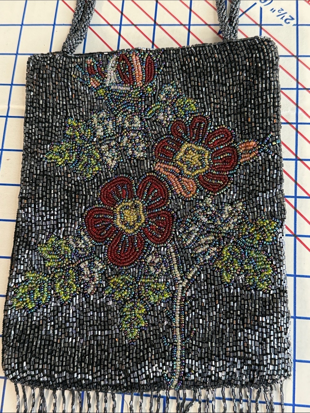 Avenue Hand Beaded Floral Evening Bag Gunmetal Glass Beads Fringe India Velvet
